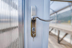 Steel lockable door handle on a Trinity Valley greenhouse