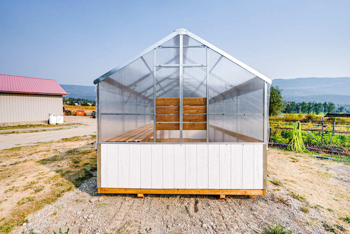 Harvest greenhouse end view with the interior tool board visible