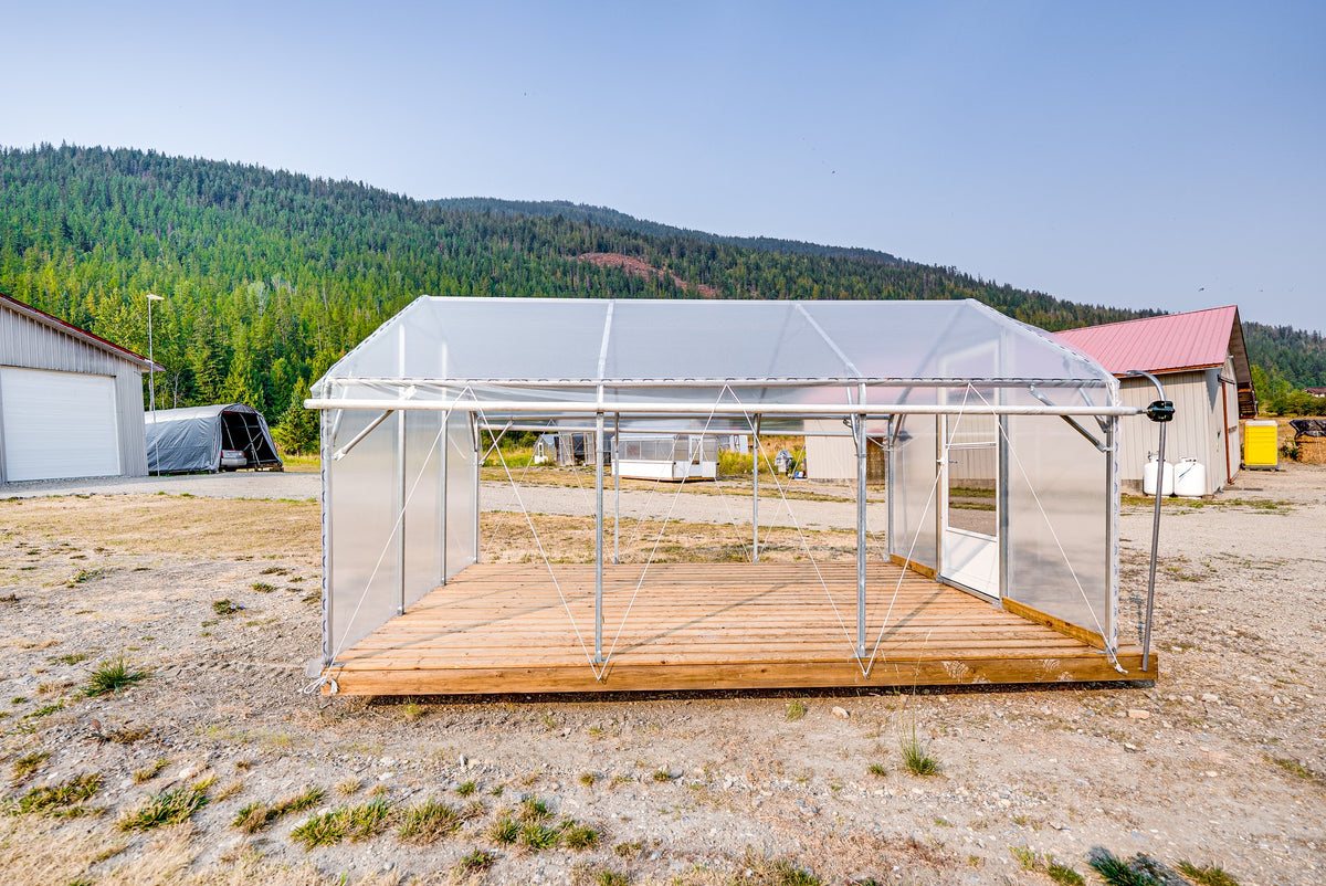 Sprout greenhouse side view, steel frame and poly film glazing