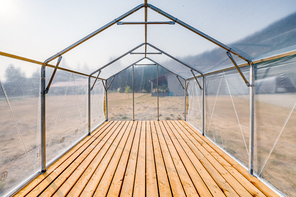Inside the Sprout greenhouse looking toward the door, galvanized steel frame