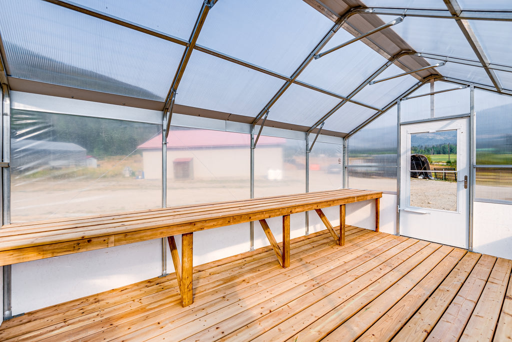 Work bench and deck inside the Harvest greenhouse