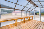 Work bench and deck inside the Harvest greenhouse